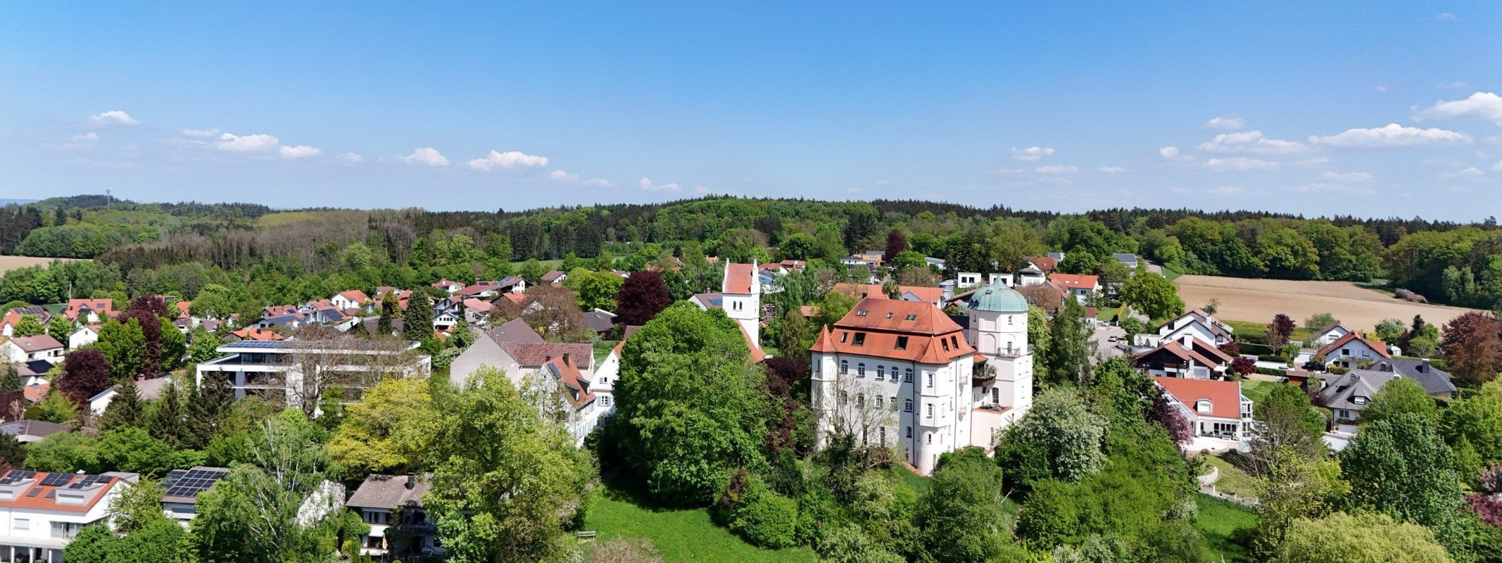 Verkaufspreis Immobilie Reutti: Schloss Reutti und historischer Ortskern von oben