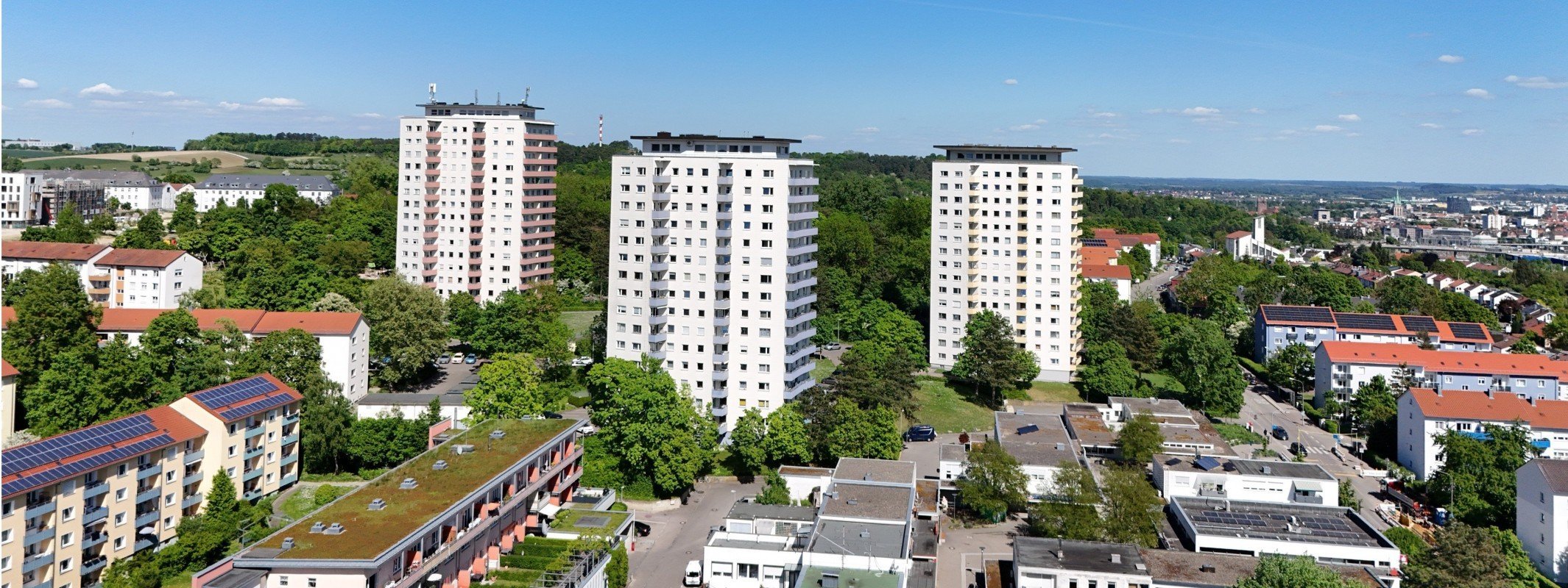 Immobilienmakler Ulm-Eselsberg: Wohnhochhäuser und Reihenhäuser von oben