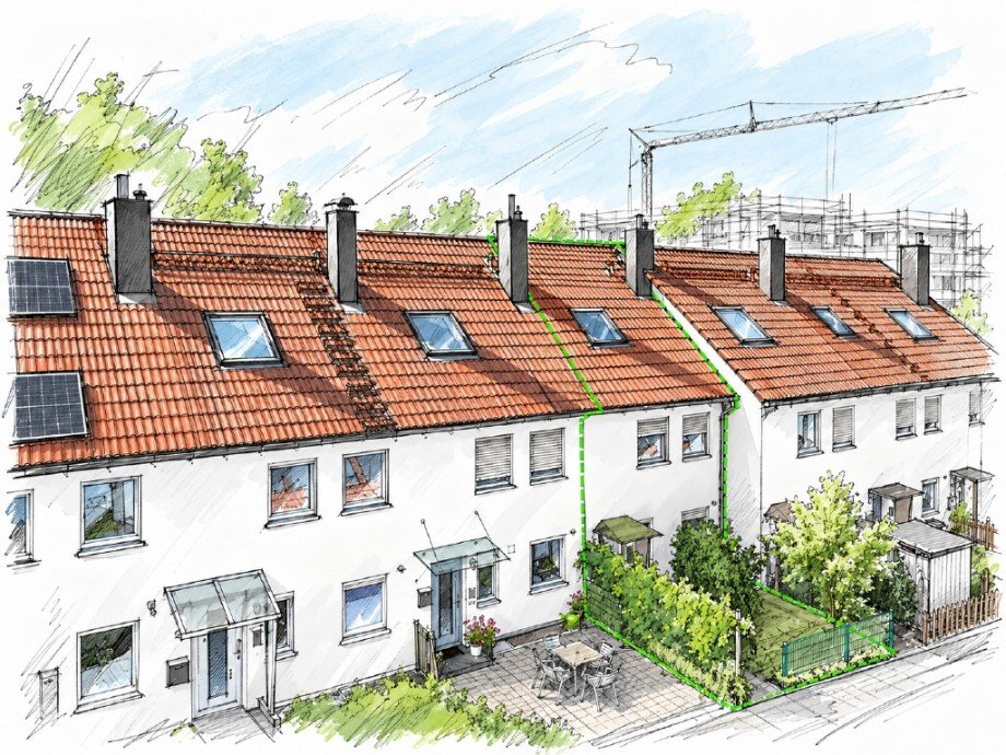 Skizze Luftbild Geb�udeansicht Norden Reihenmittelhaus Wei�enhorn